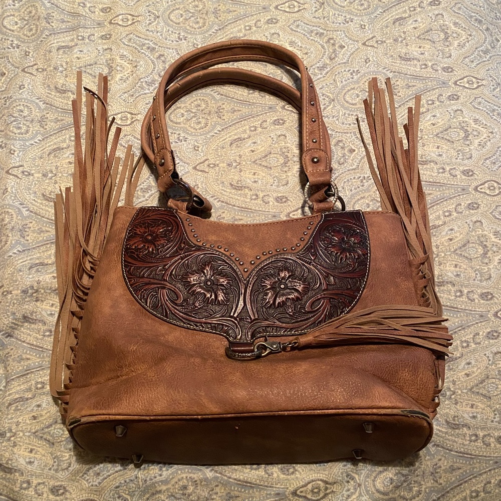 Trinity Ranch concealed carry purse fringe brown leather